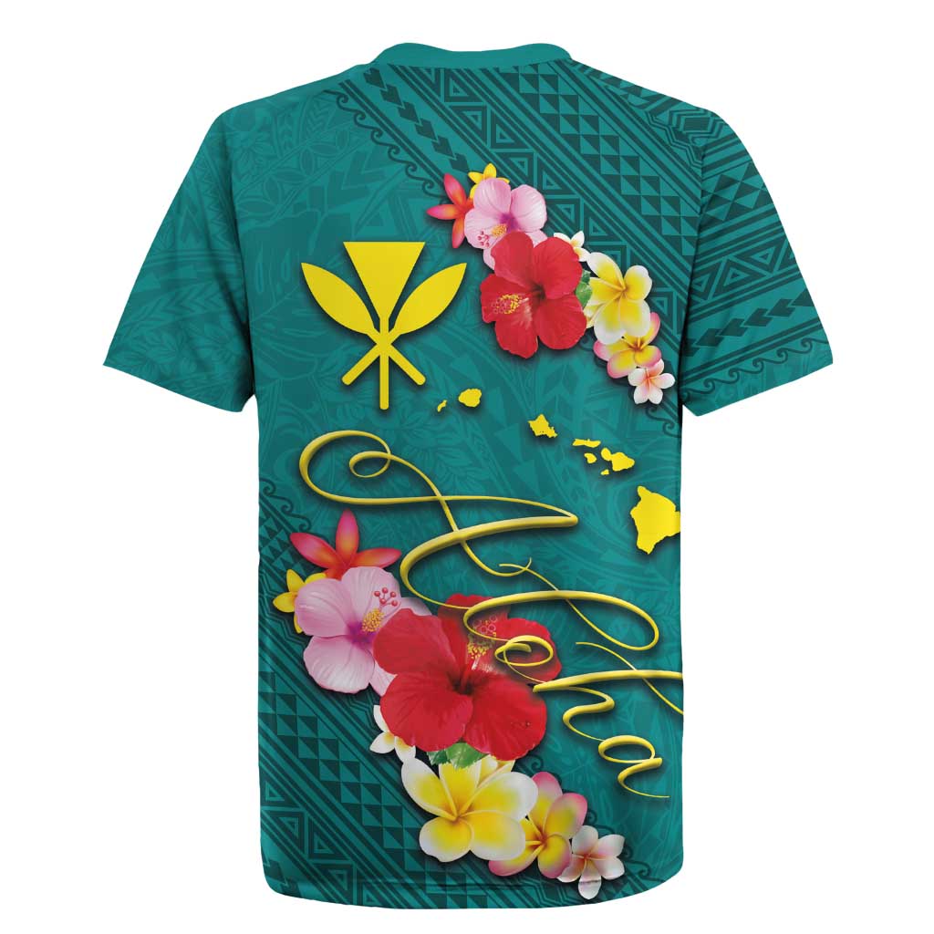 Aloha Kanaka Maoli Hawaii Flowers Rugby Jersey With Polynesian Pattern Teal Color