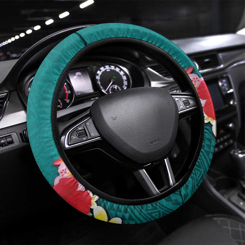 Aloha Kanaka Maoli Hawaii Flowers Steering Wheel Cover With Polynesian Pattern Teal Color