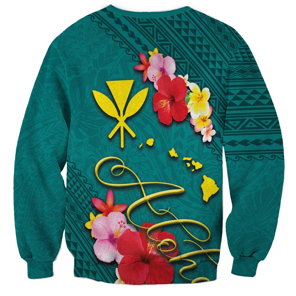 Aloha Kanaka Maoli Hawaii Flowers Sweatshirt With Polynesian Pattern Teal Color