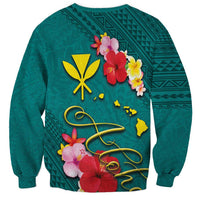 Aloha Kanaka Maoli Hawaii Flowers Sweatshirt With Polynesian Pattern Teal Color