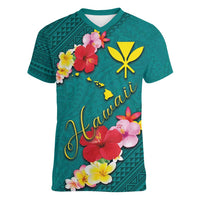 Aloha Kanaka Maoli Hawaii Flowers Women V-Neck T-Shirt With Polynesian Pattern Teal Color