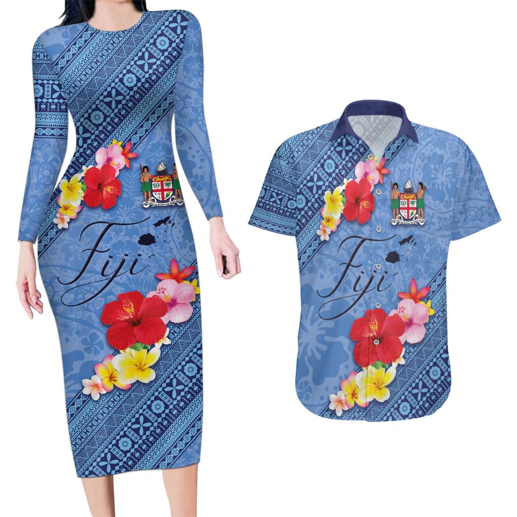 Bula Fiji Hibiscus and Plumeria Flowers Couples Matching Long Sleeve Bodycon Dress and Hawaiian Shirt Tapa Tattoo Polynesian Pattern