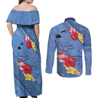 Bula Fiji Hibiscus and Plumeria Flowers Couples Matching Off Shoulder Maxi Dress and Long Sleeve Button Shirt Tapa Tattoo Polynesian Pattern LT03 - Polynesian Pride