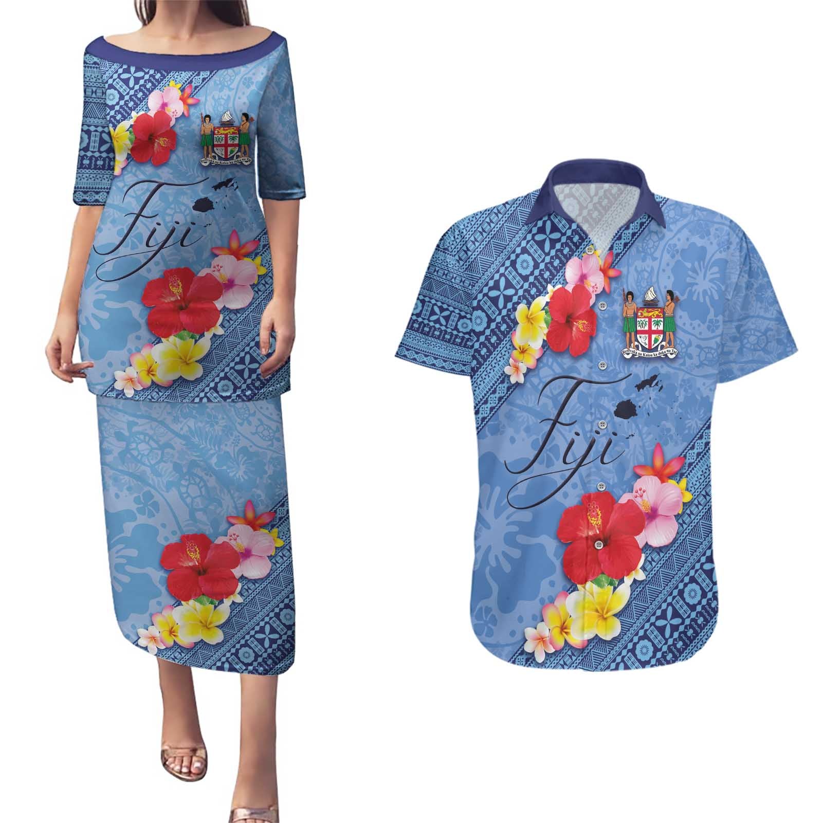 Bula Fiji Hibiscus and Plumeria Flowers Couples Matching Puletasi and Hawaiian Shirt Tapa Tattoo Polynesian Pattern