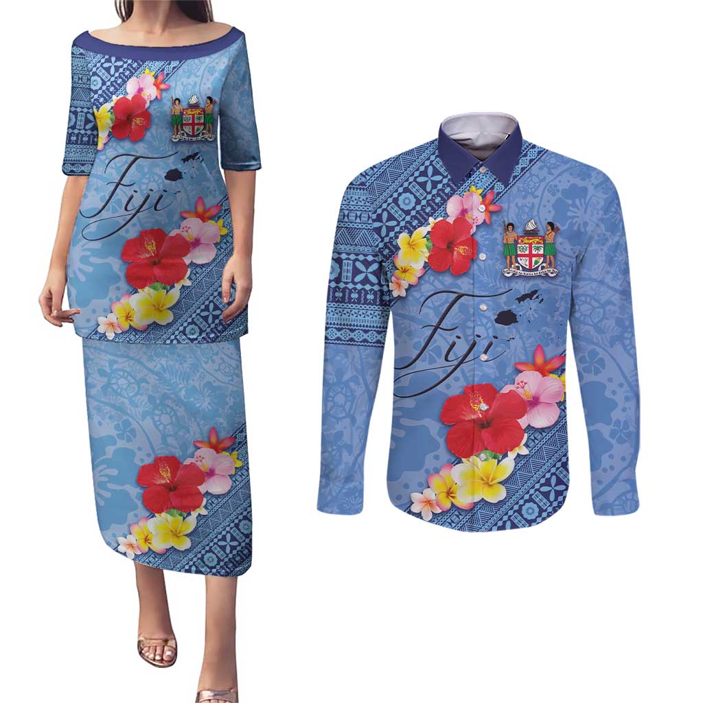 Bula Fiji Hibiscus and Plumeria Flowers Couples Matching Puletasi and Long Sleeve Button Shirt Tapa Tattoo Polynesian Pattern
