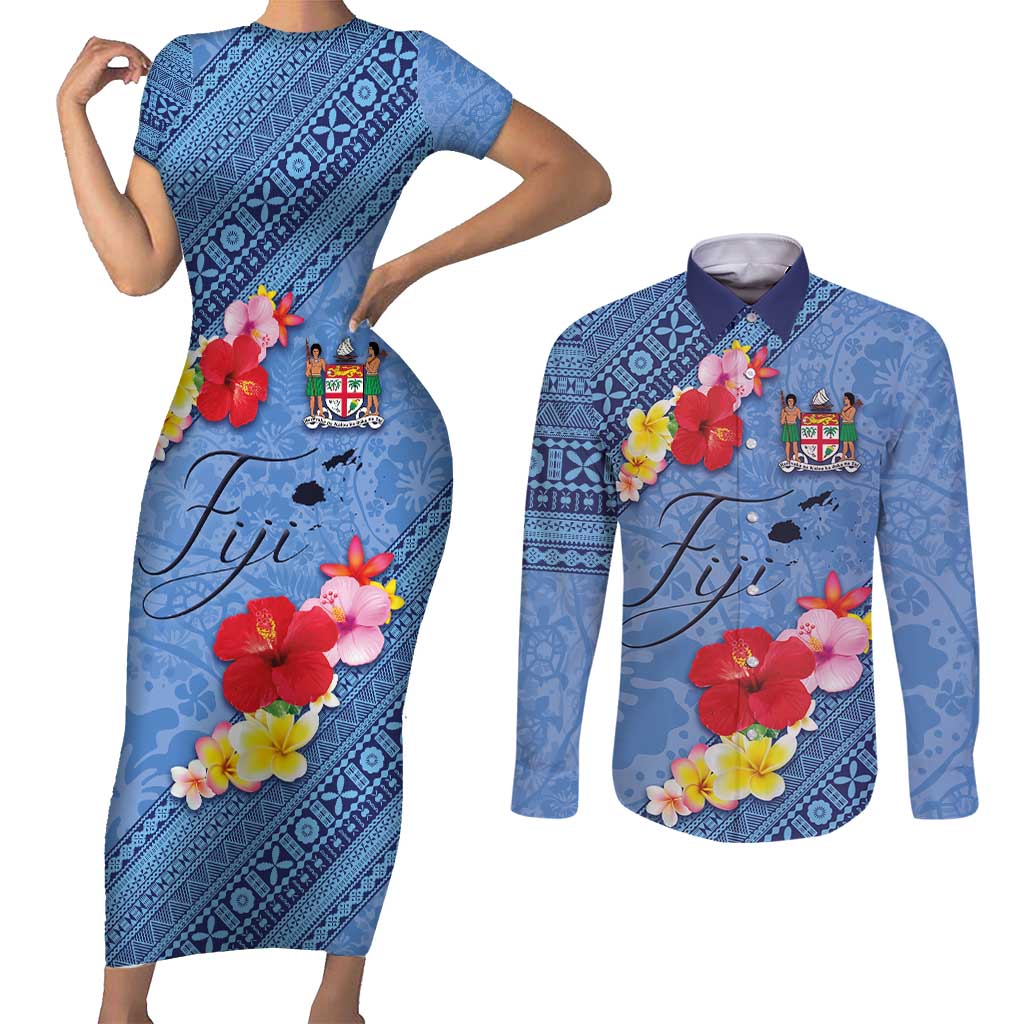 Bula Fiji Hibiscus and Plumeria Flowers Couples Matching Short Sleeve Bodycon Dress and Long Sleeve Button Shirt Tapa Tattoo Polynesian Pattern