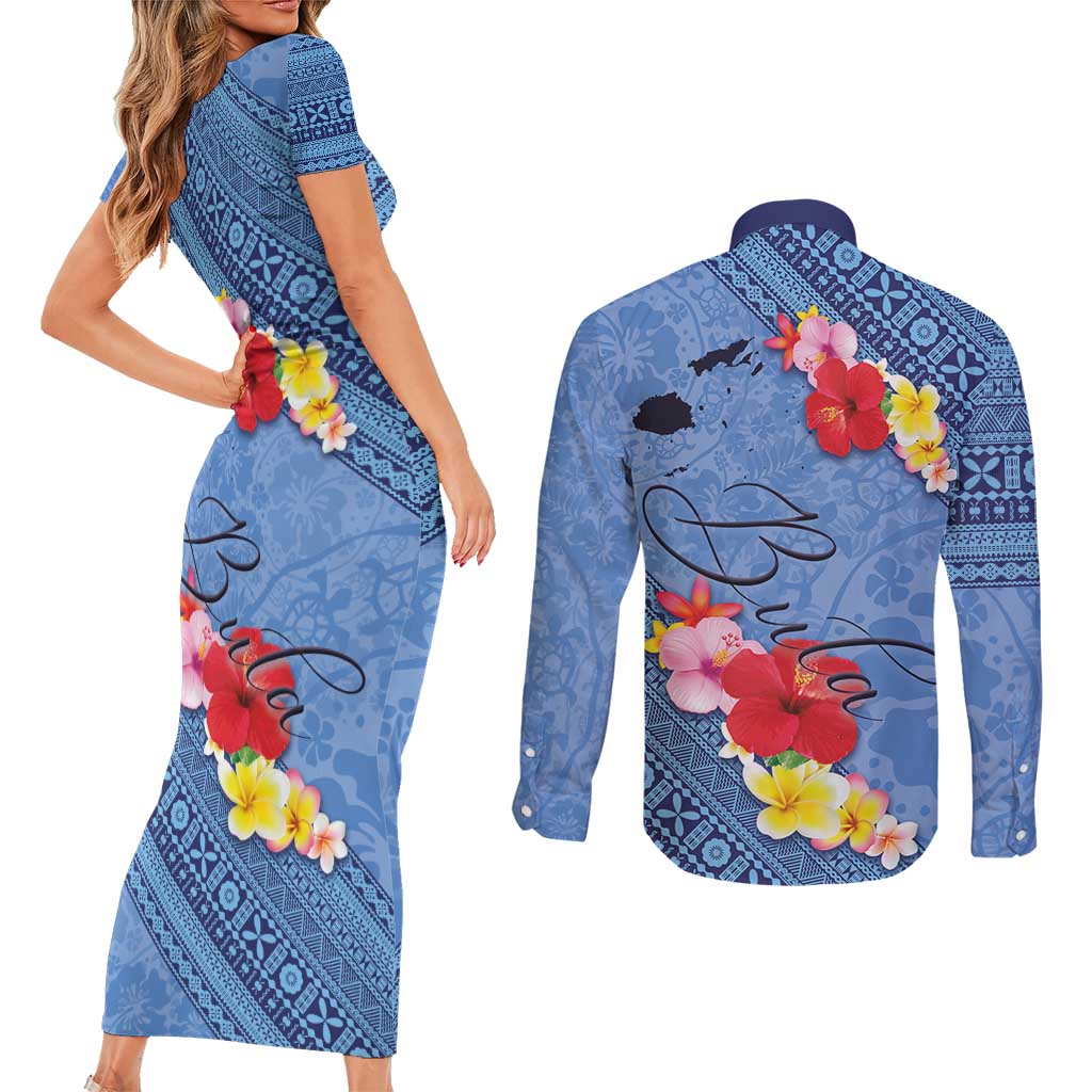 Bula Fiji Hibiscus and Plumeria Flowers Couples Matching Short Sleeve Bodycon Dress and Long Sleeve Button Shirt Tapa Tattoo Polynesian Pattern
