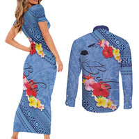 Bula Fiji Hibiscus and Plumeria Flowers Couples Matching Short Sleeve Bodycon Dress and Long Sleeve Button Shirt Tapa Tattoo Polynesian Pattern