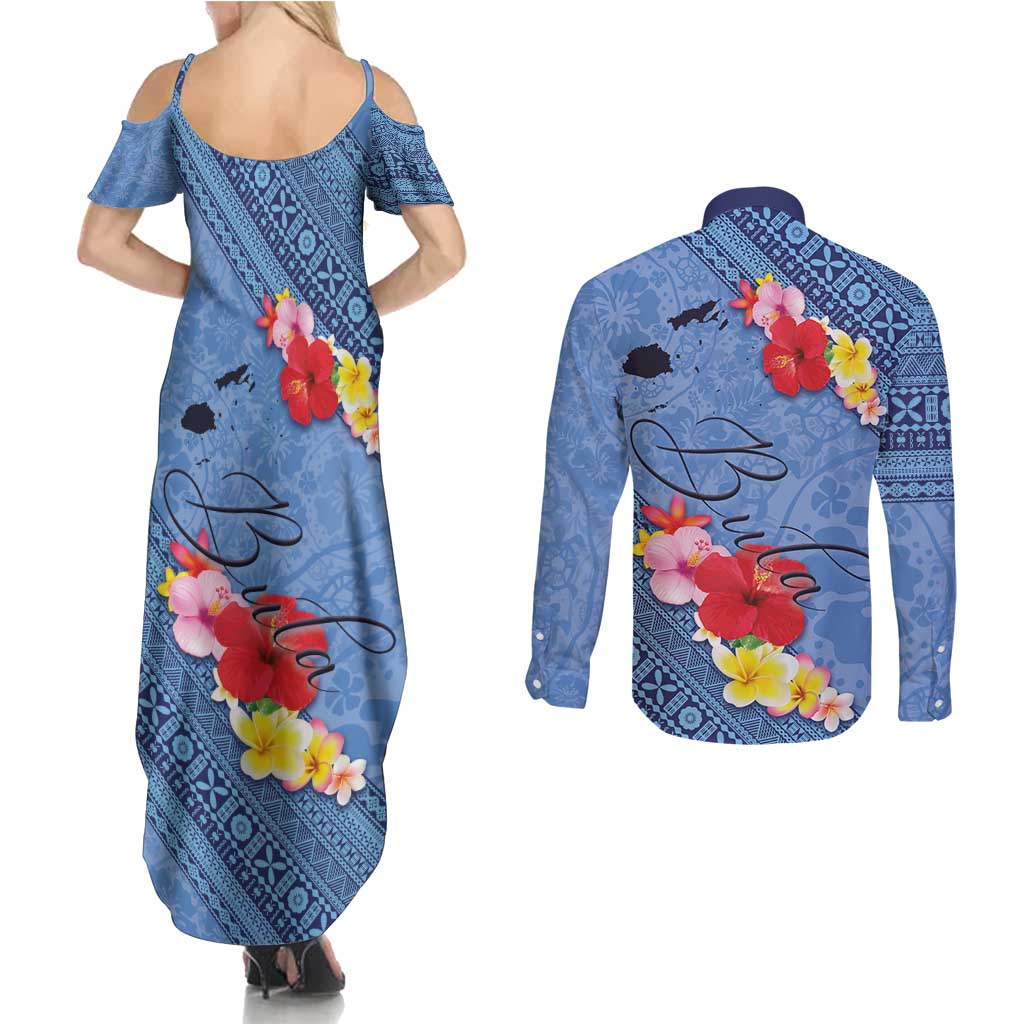 Bula Fiji Hibiscus and Plumeria Flowers Couples Matching Summer Maxi Dress and Long Sleeve Button Shirt Tapa Tattoo Polynesian Pattern LT03 - Polynesian Pride
