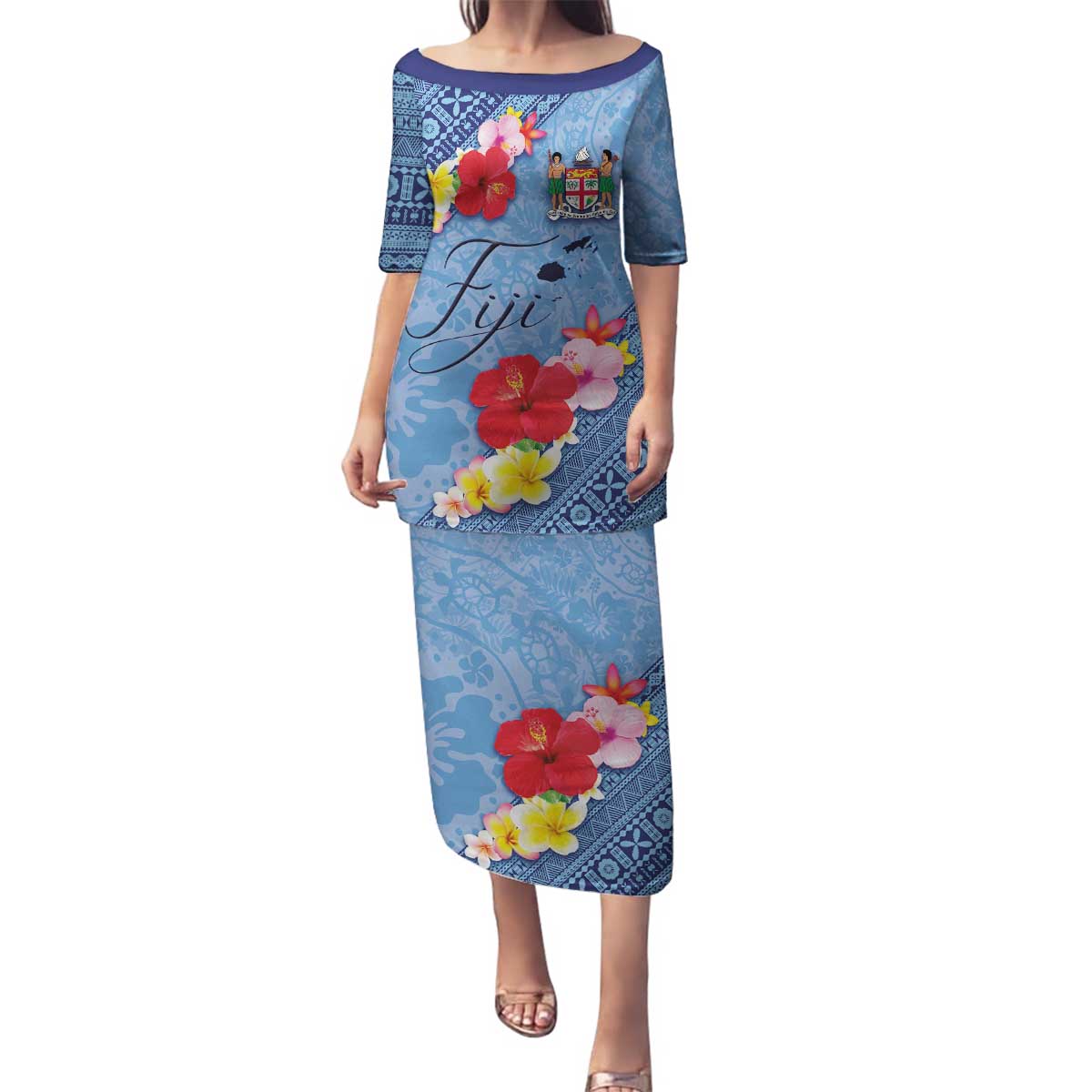 Bula Fiji Hibiscus and Plumeria Flowers Family Matching Puletasi and Hawaiian Shirt Tapa Tattoo Polynesian Pattern LT03 Mom's Dress Blue - Polynesian Pride