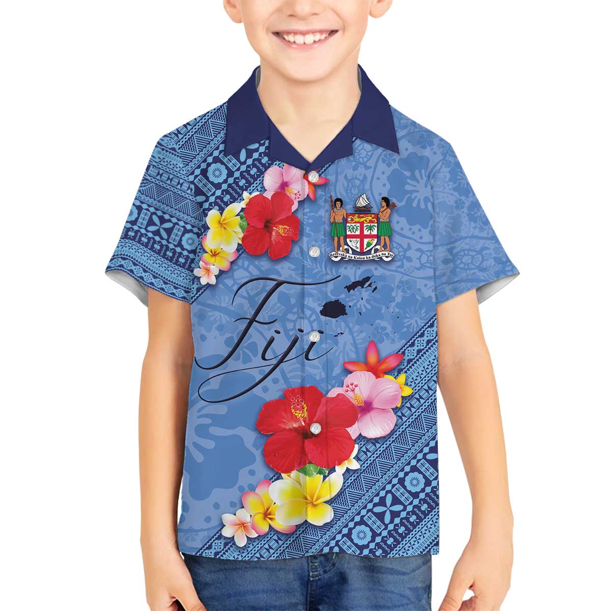 Bula Fiji Hibiscus and Plumeria Flowers Family Matching Puletasi and Hawaiian Shirt Tapa Tattoo Polynesian Pattern LT03 Son's Shirt Blue - Polynesian Pride