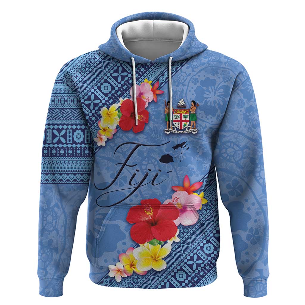 Bula Fiji Hibiscus and Plumeria Flowers Hoodie Tapa Tattoo Polynesian Pattern