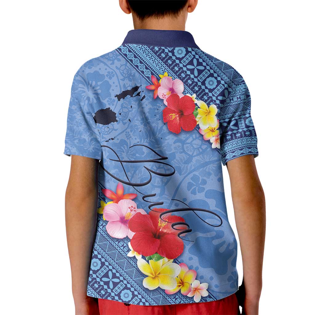Bula Fiji Hibiscus and Plumeria Flowers Kid Polo Shirt Tapa Tattoo Polynesian Pattern