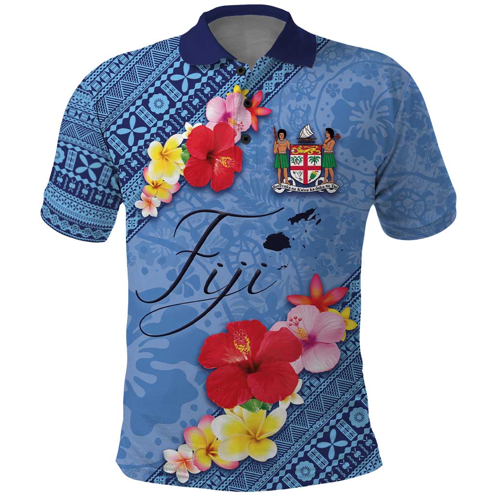Bula Fiji Hibiscus and Plumeria Flowers Polo Shirt Tapa Tattoo Polynesian Pattern LT03 Blue - Polynesian Pride