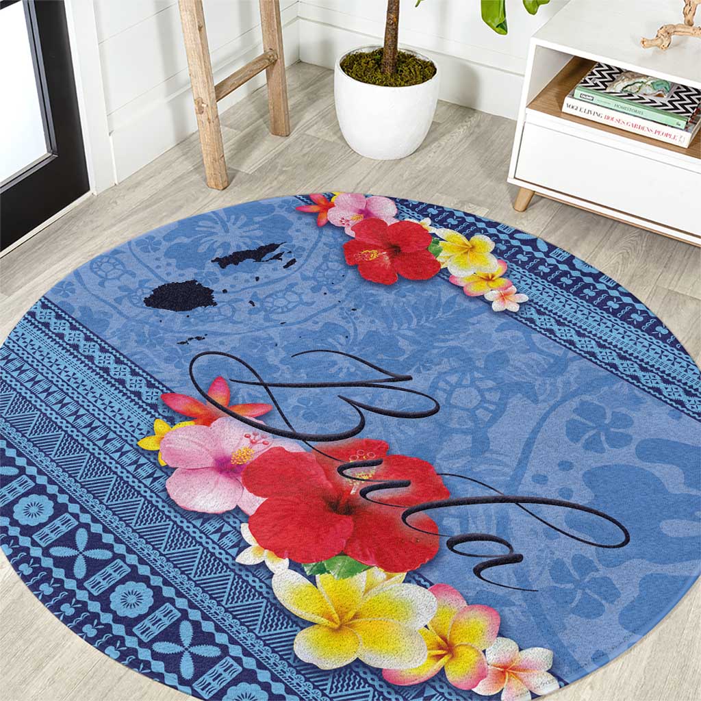 Bula Fiji Hibiscus and Plumeria Flowers Round Carpet Tapa Tattoo Polynesian Pattern