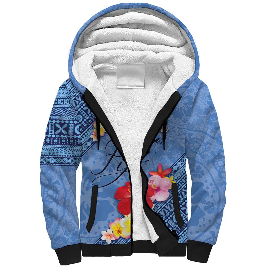 Bula Fiji Hibiscus and Plumeria Flowers Sherpa Hoodie Tapa Tattoo Polynesian Pattern