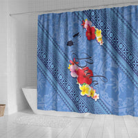 Bula Fiji Hibiscus and Plumeria Flowers Shower Curtain Tapa Tattoo Polynesian Pattern