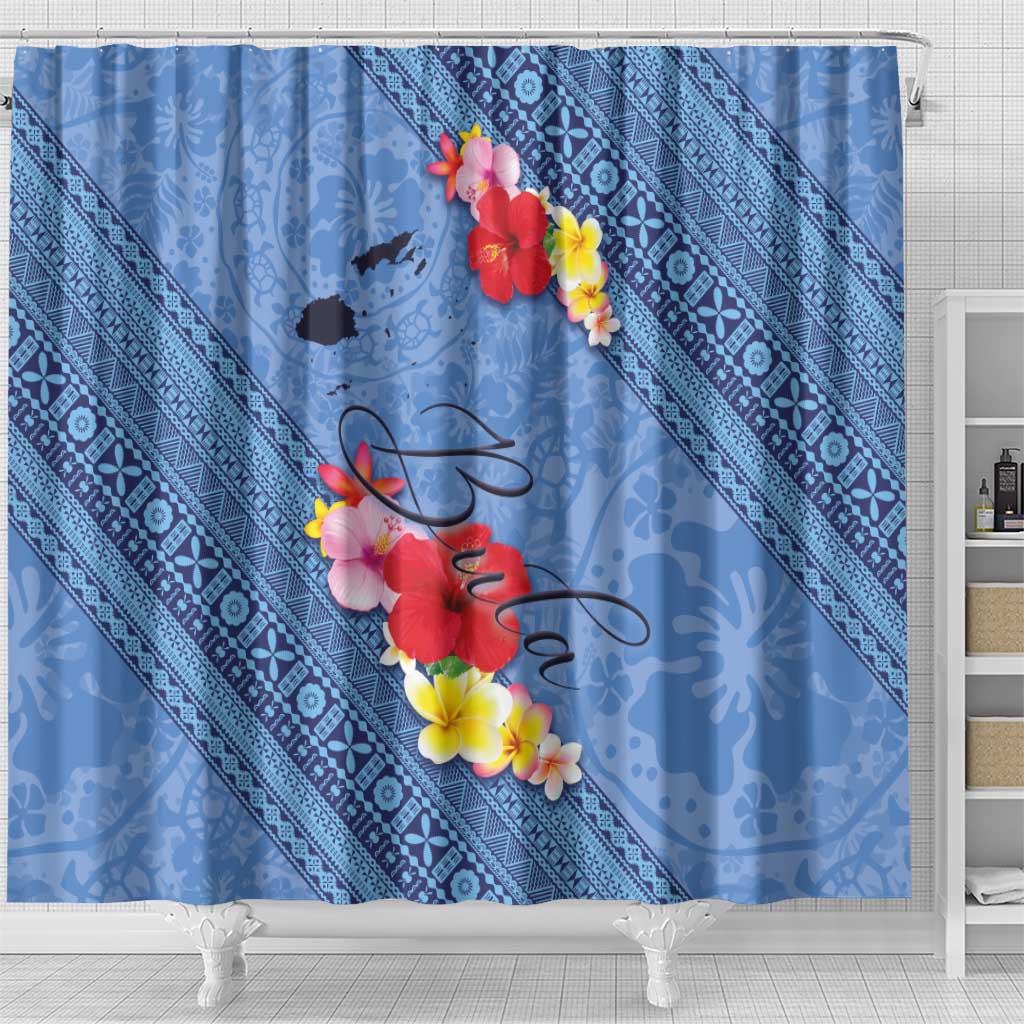 Bula Fiji Hibiscus and Plumeria Flowers Shower Curtain Tapa Tattoo Polynesian Pattern