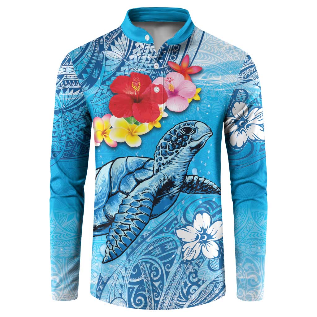 Hawaii Sea Turtle and Tropical Flowers Button Sweatshirt Polynesian Tattoo Undersea Vibe