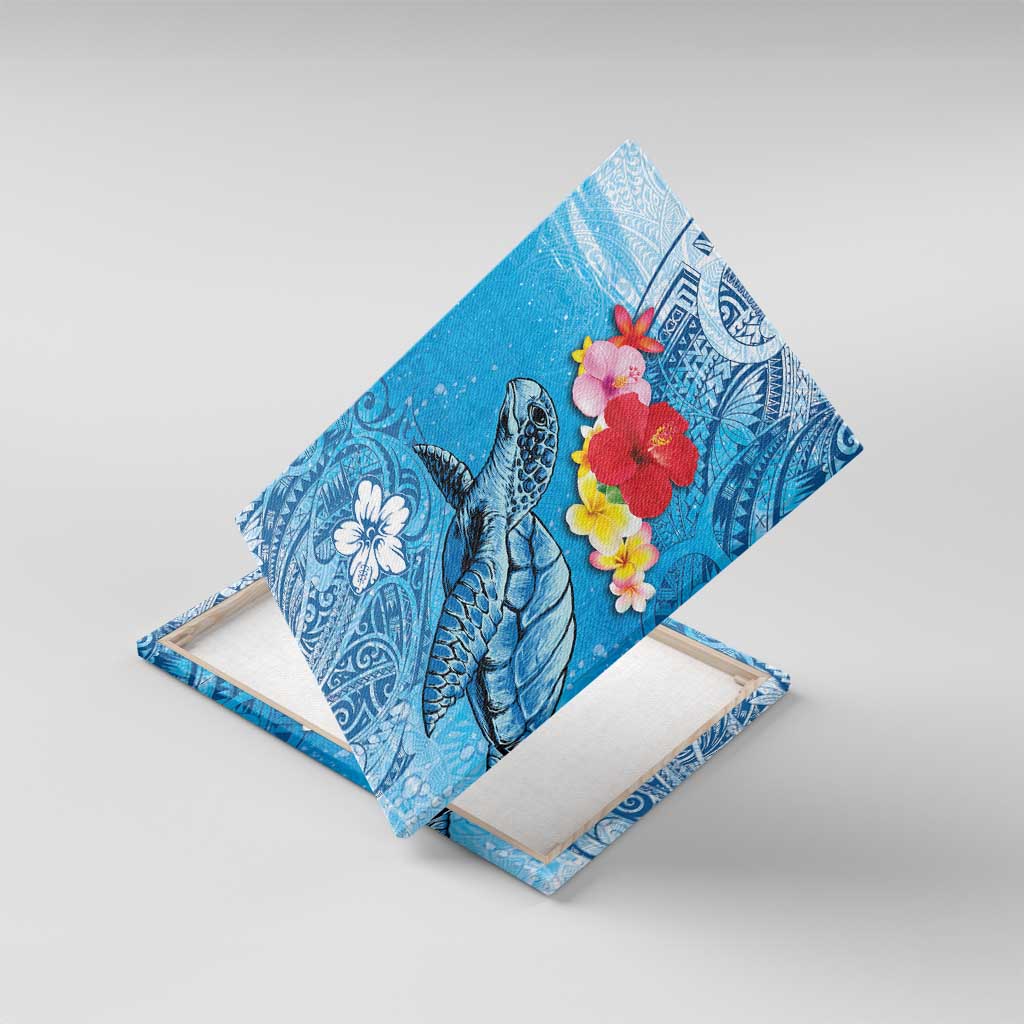 Hawaii Sea Turtle and Tropical Flowers Canvas Wall Art Polynesian Tattoo Undersea Vibe