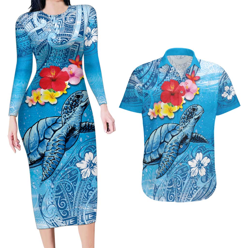 Hawaii Sea Turtle and Tropical Flowers Couples Matching Long Sleeve Bodycon Dress and Hawaiian Shirt Polynesian Tattoo Undersea Vibe
