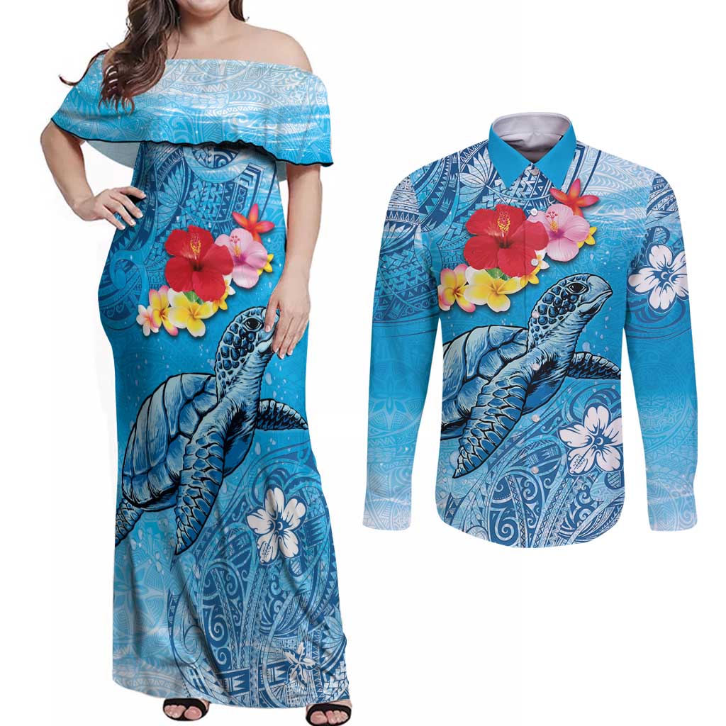Hawaii Sea Turtle and Tropical Flowers Couples Matching Off Shoulder Maxi Dress and Long Sleeve Button Shirt Polynesian Tattoo Undersea Vibe