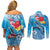 Hawaii Sea Turtle and Tropical Flowers Couples Matching Off Shoulder Short Dress and Long Sleeve Button Shirt Polynesian Tattoo Undersea Vibe