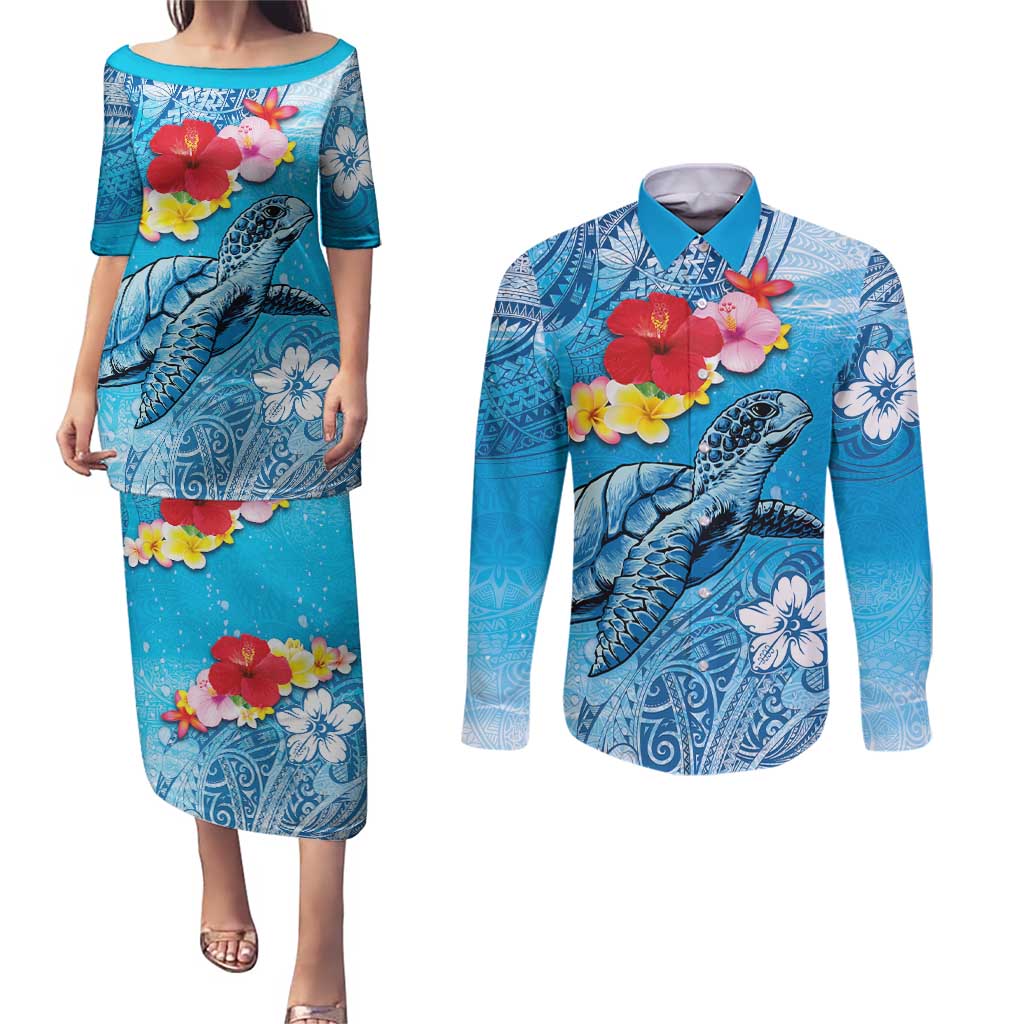 Hawaii Sea Turtle and Tropical Flowers Couples Matching Puletasi and Long Sleeve Button Shirt Polynesian Tattoo Undersea Vibe