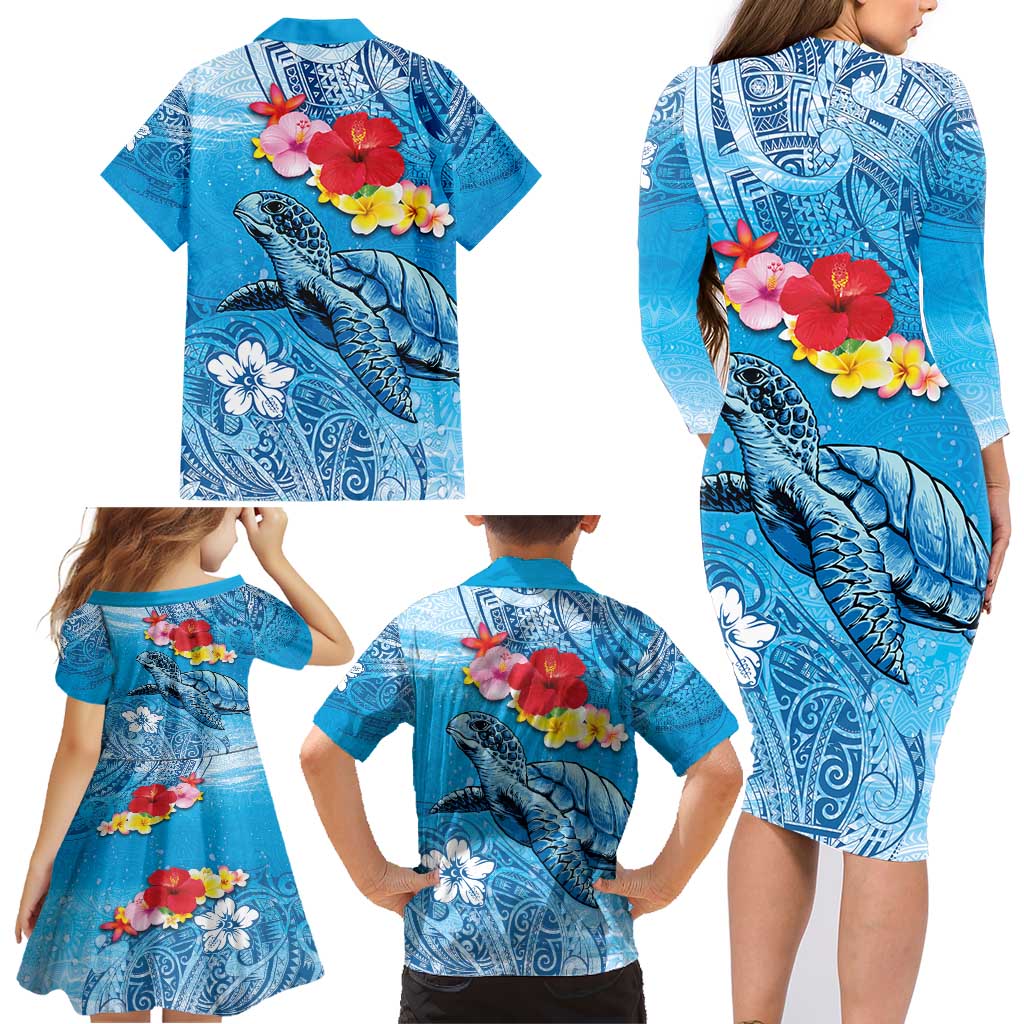 Hawaii Sea Turtle and Tropical Flowers Family Matching Long Sleeve Bodycon Dress and Hawaiian Shirt Polynesian Tattoo Undersea Vibe