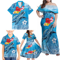 Hawaii Sea Turtle and Tropical Flowers Family Matching Off Shoulder Maxi Dress and Hawaiian Shirt Polynesian Tattoo Undersea Vibe