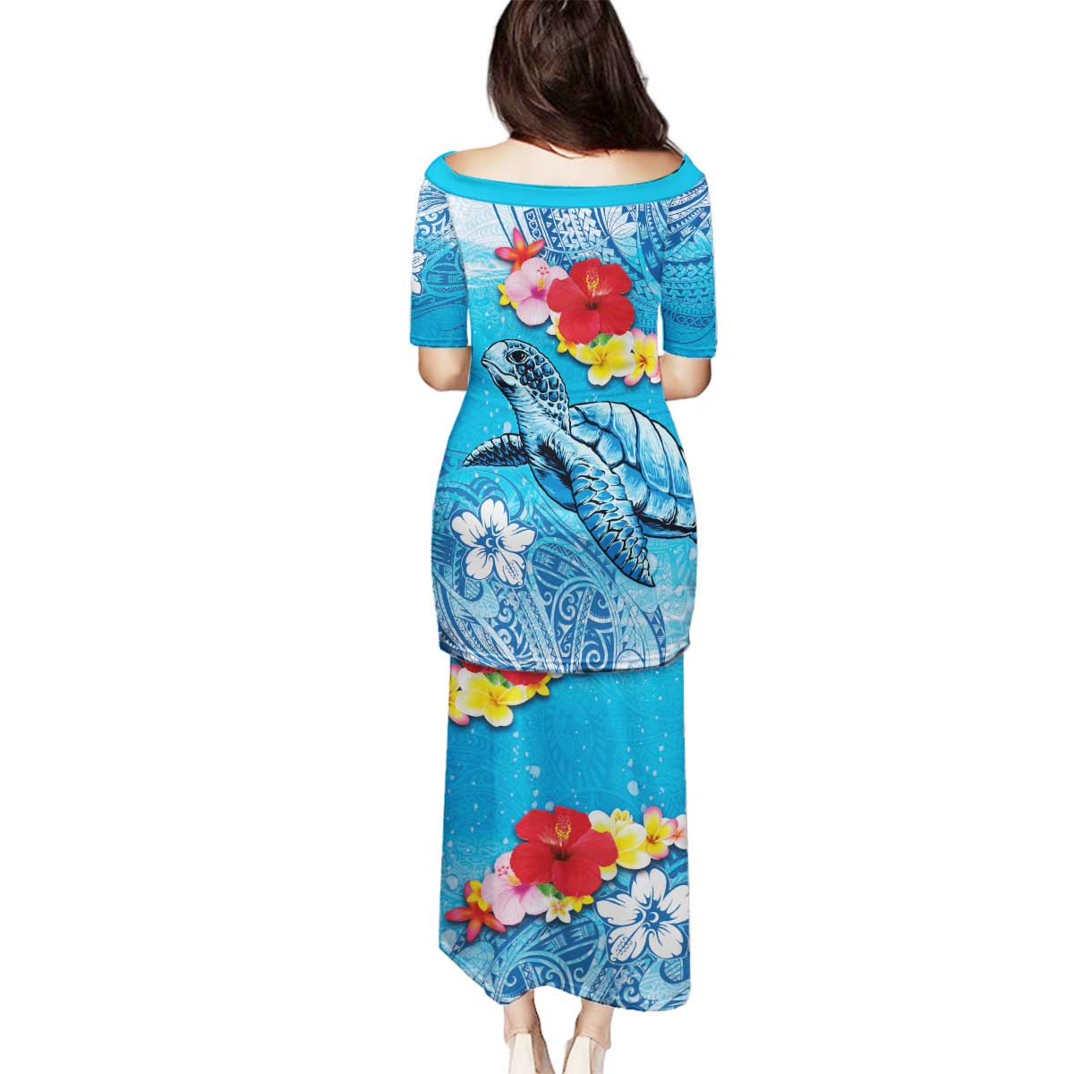 Hawaii Sea Turtle and Tropical Flowers Family Matching Puletasi and Hawaiian Shirt Polynesian Tattoo Undersea Vibe