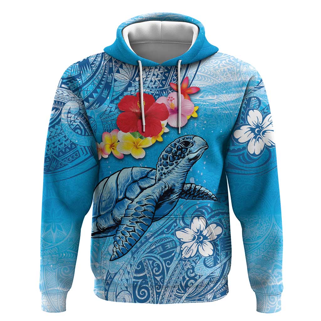 Hawaii Sea Turtle and Tropical Flowers Hoodie Polynesian Tattoo Undersea Vibe