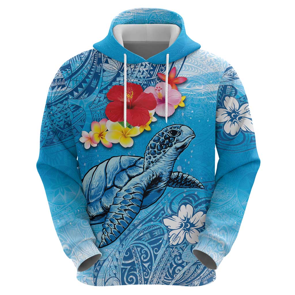 Hawaii Sea Turtle and Tropical Flowers Hoodie Polynesian Tattoo Undersea Vibe