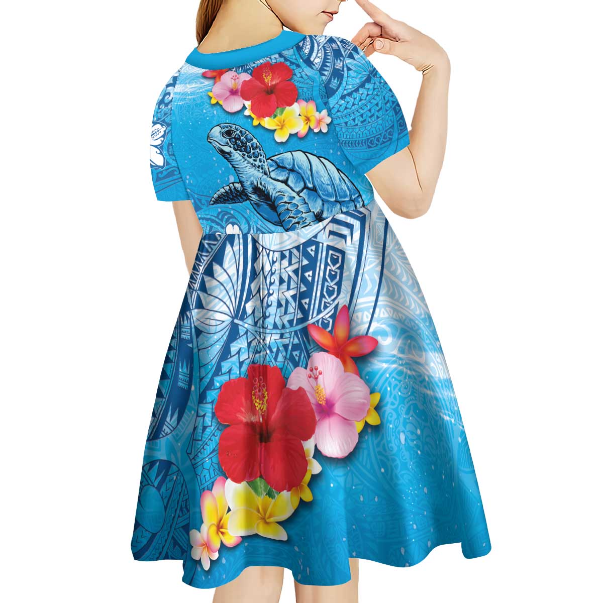 Hawaii Sea Turtle and Tropical Flowers Kid Short Sleeve Dress Polynesian Tattoo Undersea Vibe