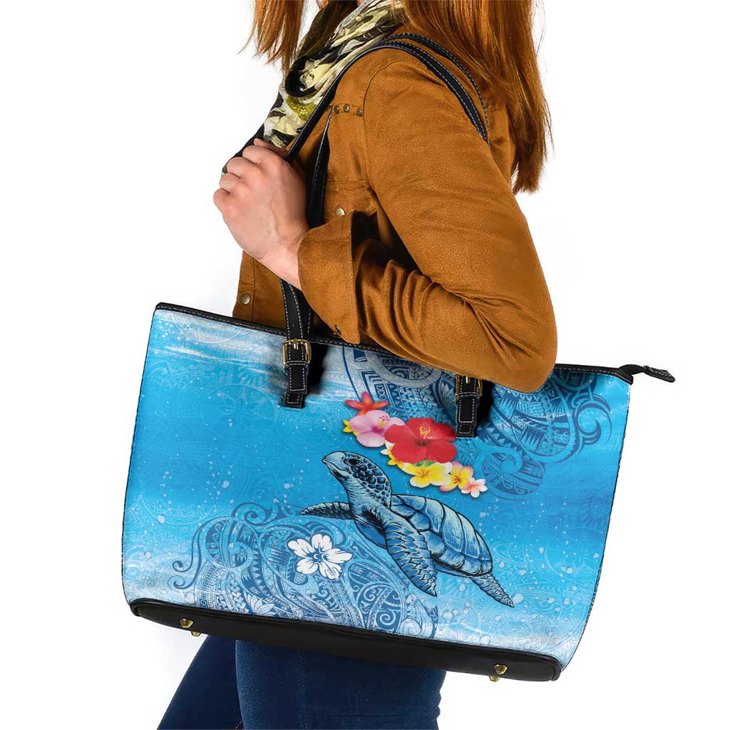 Hawaii Sea Turtle and Tropical Flowers Leather Tote Bag Polynesian Tattoo Undersea Vibe