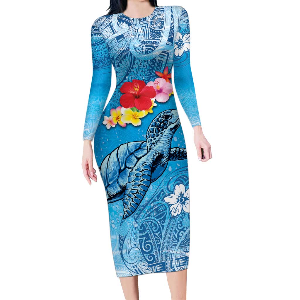 Hawaii Sea Turtle and Tropical Flowers Long Sleeve Bodycon Dress Polynesian Tattoo Undersea Vibe
