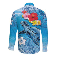 Hawaii Sea Turtle and Tropical Flowers Long Sleeve Button Shirt Polynesian Tattoo Undersea Vibe
