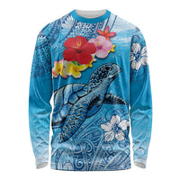 Hawaii Sea Turtle and Tropical Flowers Long Sleeve Shirt Polynesian Tattoo Undersea Vibe