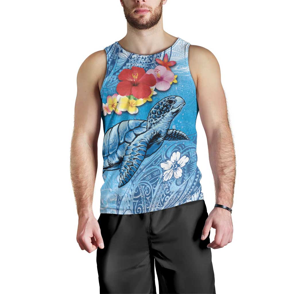 Hawaii Sea Turtle and Tropical Flowers Men Tank Top Polynesian Tattoo Undersea Vibe