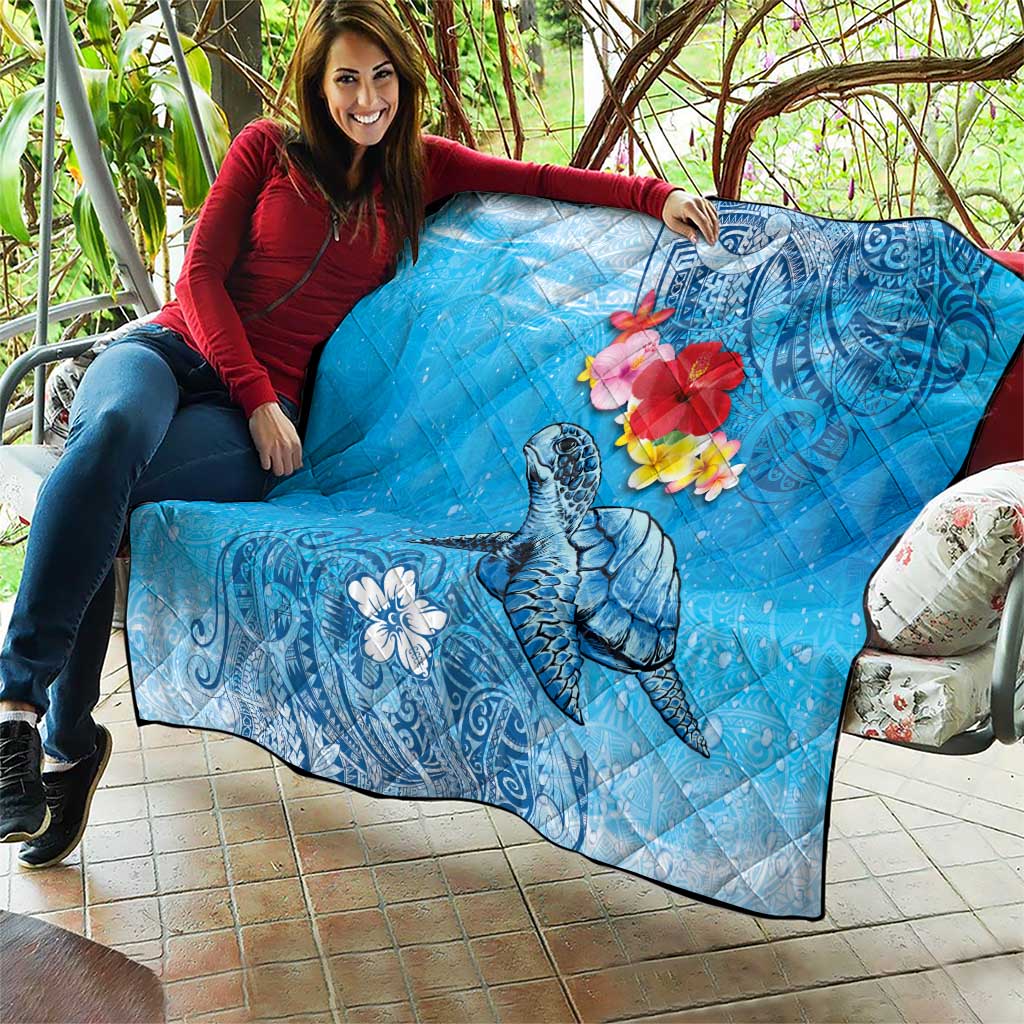 Hawaii Sea Turtle and Tropical Flowers Quilt Polynesian Tattoo Undersea Vibe