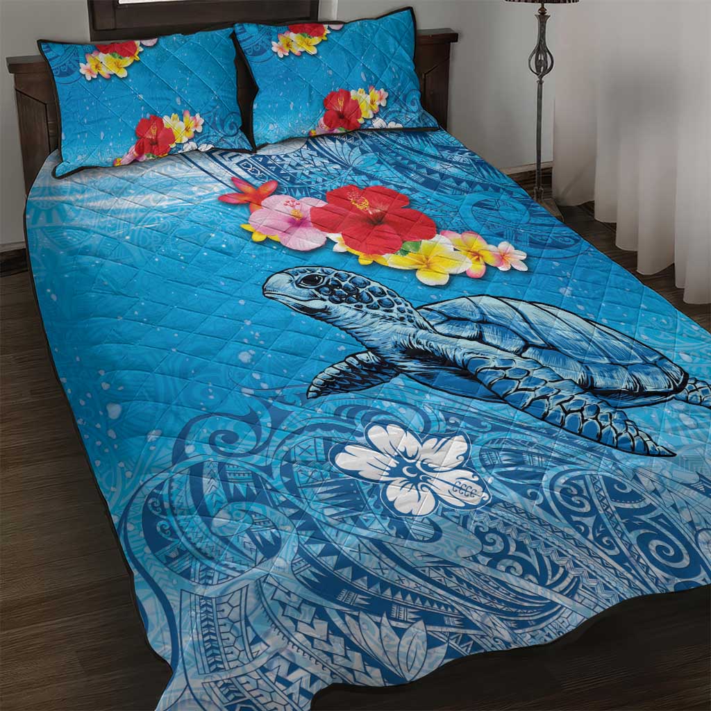 Hawaii Sea Turtle and Tropical Flowers Quilt Bed Set Polynesian Tattoo Undersea Vibe