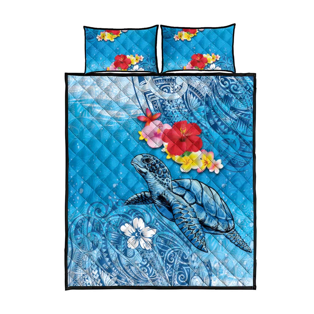 Hawaii Sea Turtle and Tropical Flowers Quilt Bed Set Polynesian Tattoo Undersea Vibe