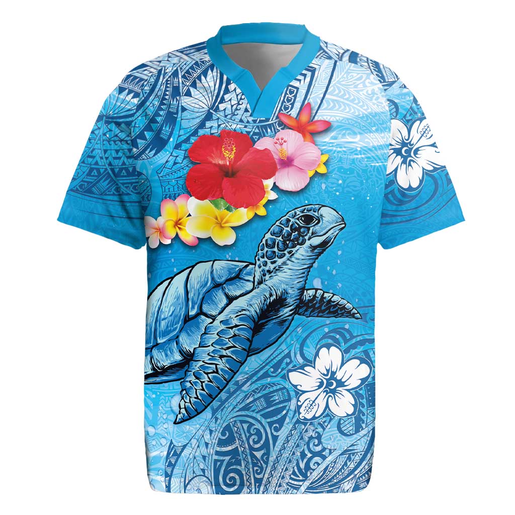 Hawaii Sea Turtle and Tropical Flowers Rugby Jersey Polynesian Tattoo Undersea Vibe