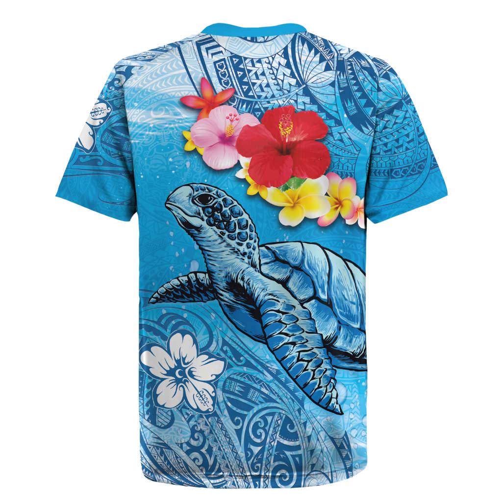 Hawaii Sea Turtle and Tropical Flowers Rugby Jersey Polynesian Tattoo Undersea Vibe