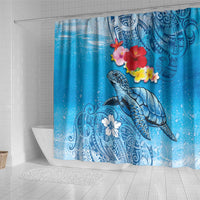 Hawaii Sea Turtle and Tropical Flowers Shower Curtain Polynesian Tattoo Undersea Vibe