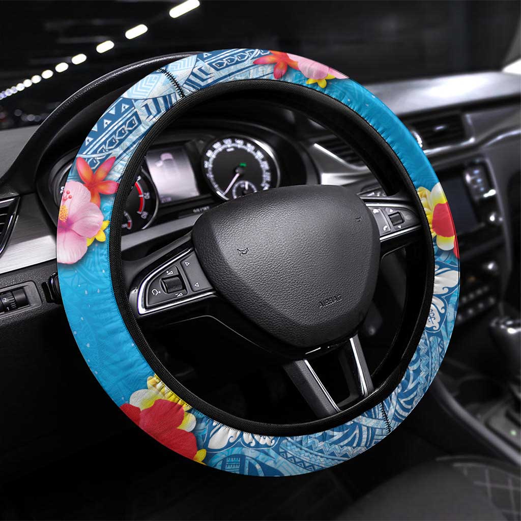 Hawaii Sea Turtle and Tropical Flowers Steering Wheel Cover Polynesian Tattoo Undersea Vibe