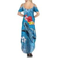 Hawaii Sea Turtle and Tropical Flowers Summer Maxi Dress Polynesian Tattoo Undersea Vibe