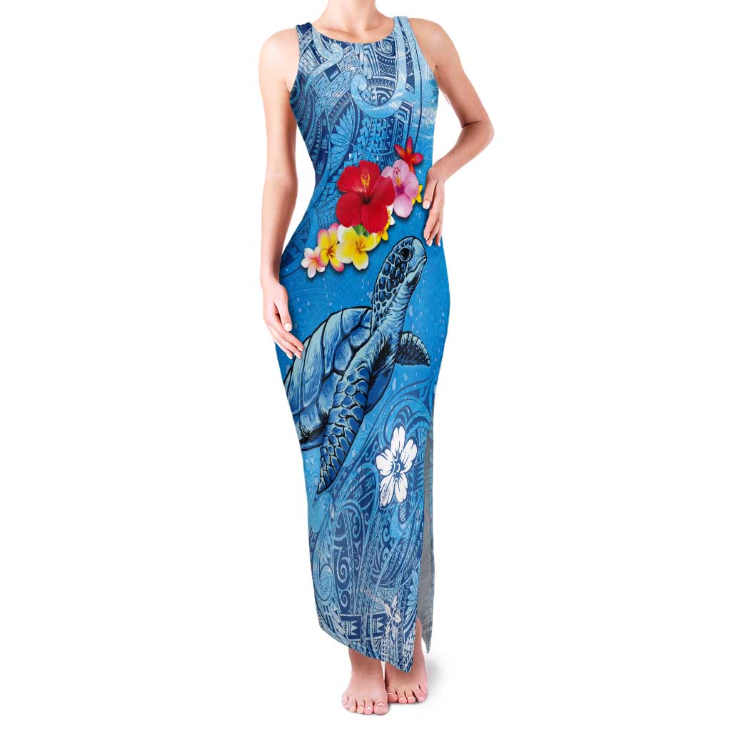 Hawaii Sea Turtle and Tropical Flowers Tank Maxi Dress Polynesian Tattoo Undersea Vibe