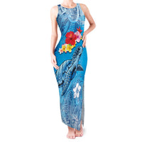 Hawaii Sea Turtle and Tropical Flowers Tank Maxi Dress Polynesian Tattoo Undersea Vibe