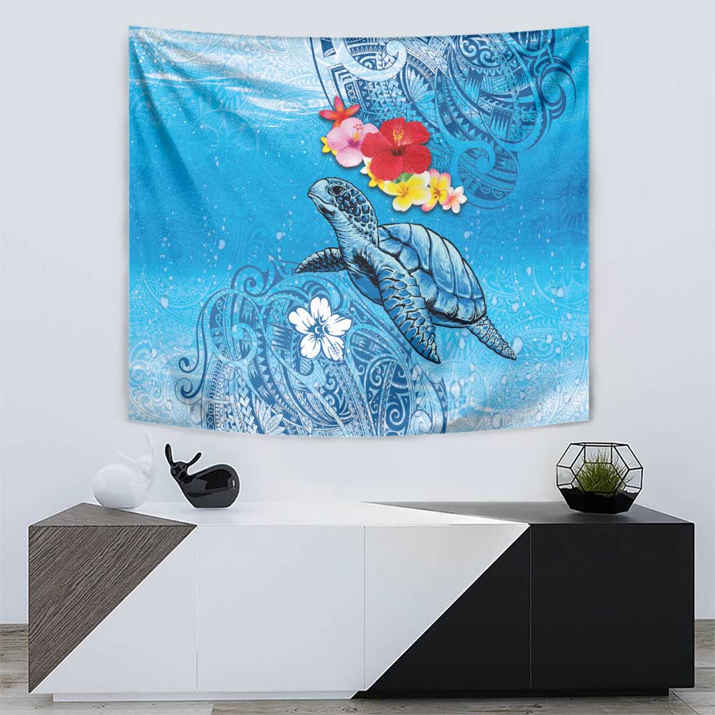 Hawaii Sea Turtle and Tropical Flowers Tapestry Polynesian Tattoo Undersea Vibe